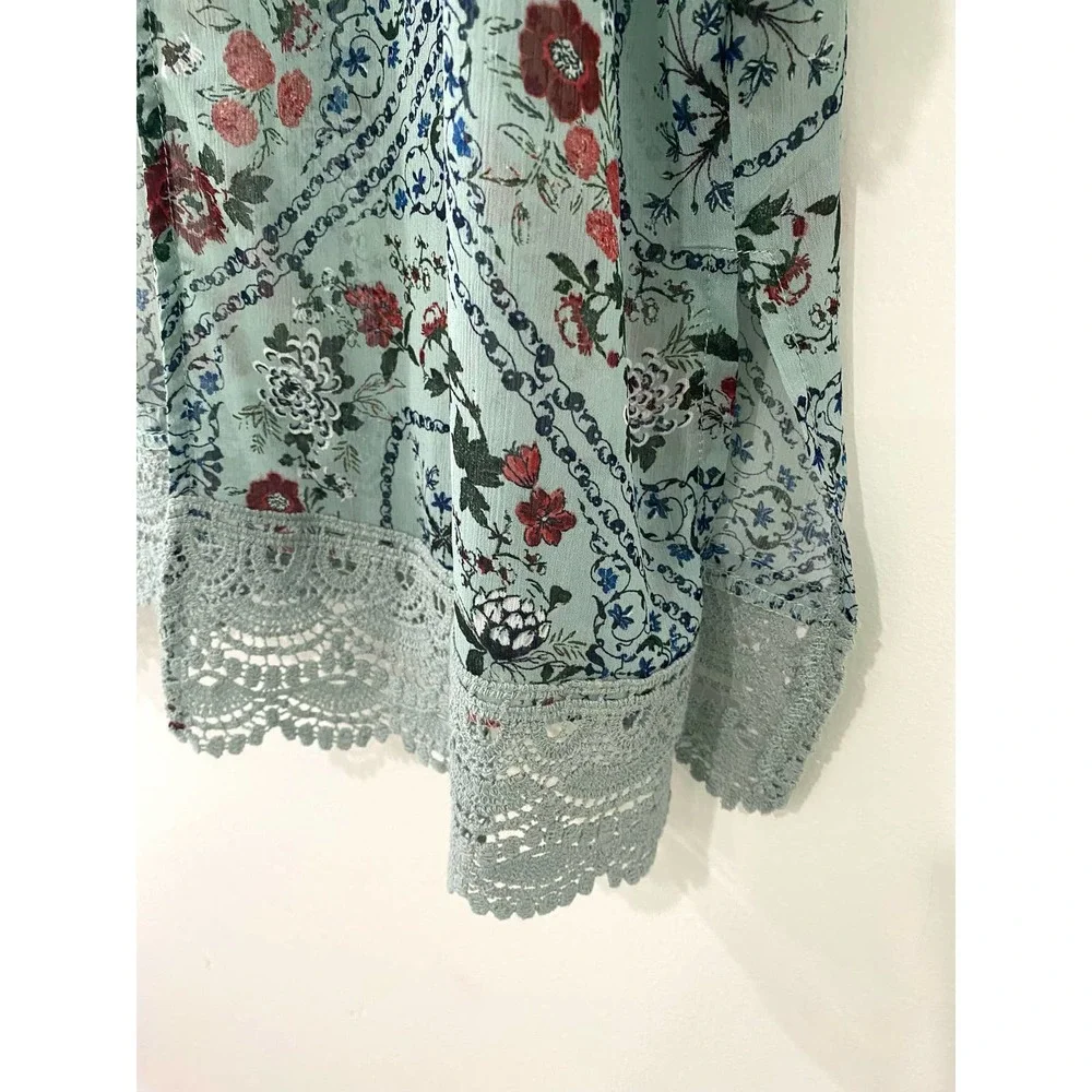 Kimono Women's Size Large Floral Green Lace Trimmed Boho Cottage Core Cardigan - Picture 4 of 6